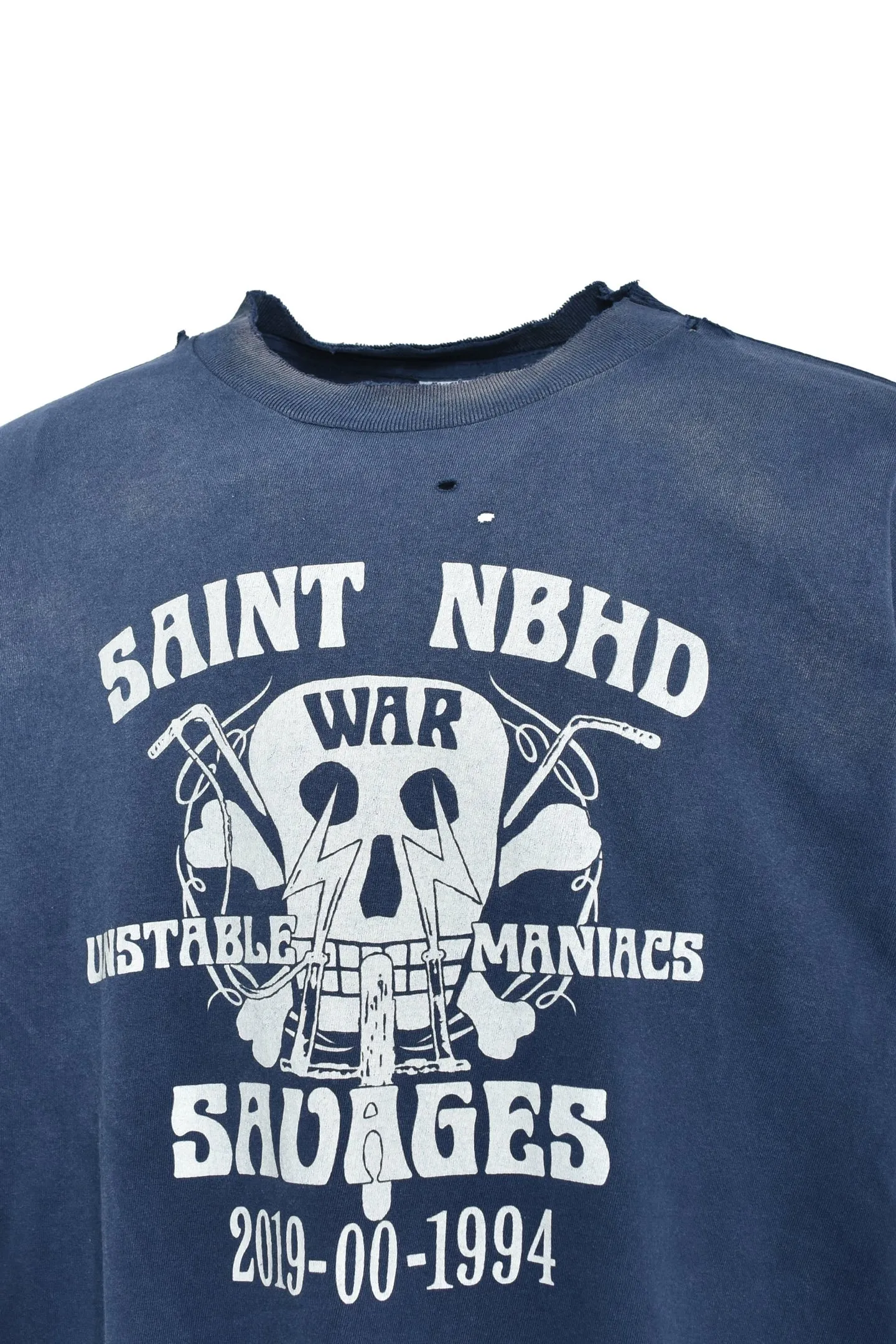 SAINT Mxxxxxx × NEIGHBORHOOD STHD . SS TEE SAINT NBHD/NVY NBHD Takizawa Shinsuke SAINT HOOD joint project Skeleton lightning destruction TEE Washed blue S-XL OE yarn tube weaving without side seam fabric Re-washed to make it distressed Cut and damaged treatment Ma Liu fading process Printing simulates natural distressed effect Correct version Customized joint main mark/wash mark/angel mark